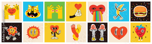70's groovy square posters, cards or stickers. Retro print with hippie cute colorful funky character concepts of crazy geometric, dripping emoticon. Only good vibes sentence