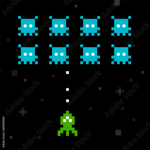 Pixel Art poster or screen of retro game in 8-bit space arcade style vector template