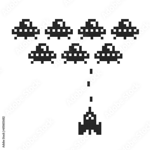 Simple Space Arcade in 8-bit retro video game style pixel graphics isolated vector illustration