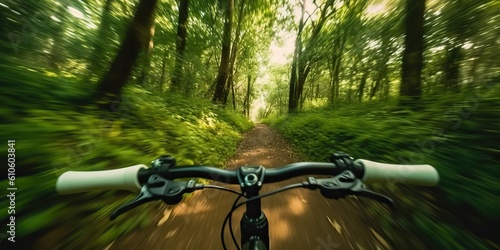 AI Generated. AI Generative. Photo Illustration of mountain bike cycle sport fit cardio going on green nature outdoor beautiful wild race forest landscape. Graphic Art