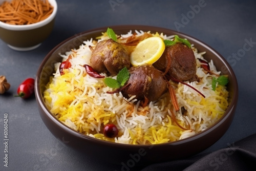 Indian spicy mutton Biryani with raita and gulab jamun Served in a dish side view on grey background