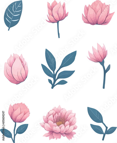 Flower And Leaf Set  Vector Watercolor Flower Design Set