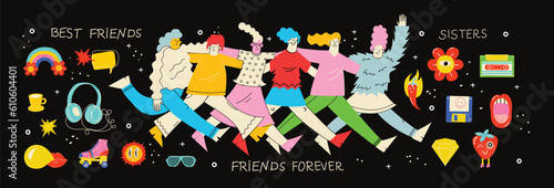 Best friends cocept illustration. Vector illustration of multicultural girls and multicultural friendship. Happy friendship day. Teenage girl friends hugging and having fun.