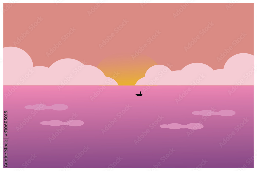 Sunset over the sea. Vector illustration in flat design style. An illustration of a sunset view at sea is a silhouette of a fishing boat sailing into the ocean to find fish. Sunset over the sea. Vector illustration in flat design style. An illustration of a sunset view at sea is a silhouette of a fishing boat sailing into the ocean to find fish.