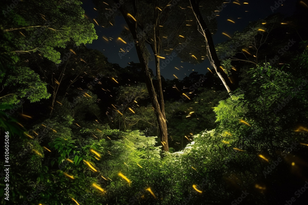 japan ehime gold firefly at night in forest distant view