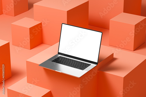 Laptop with an empty screen on an abstract background with cubes arranged in an irregular manner