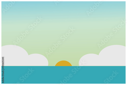 Sunrise over the sea with clouds in the sky, vector illustration. illustration of the sun rising between the clouds on a cool and sunny beach area. Beautiful ocean view