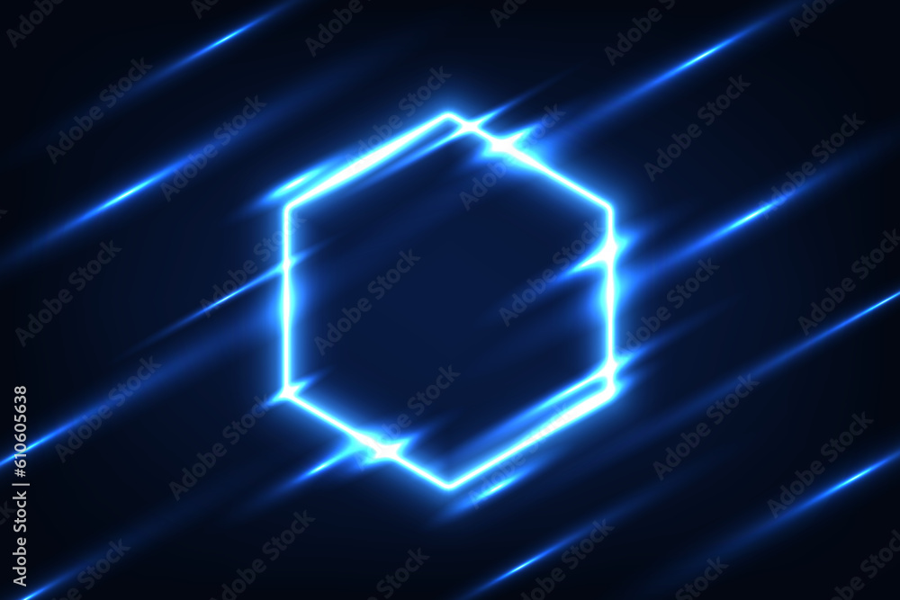 Vector hexagonal frame blue neon light on dark blue overlap design. Futuristic technology background. Vector hexagonal frame blue neon light on dark blue overlap design. Futuristic technology background.