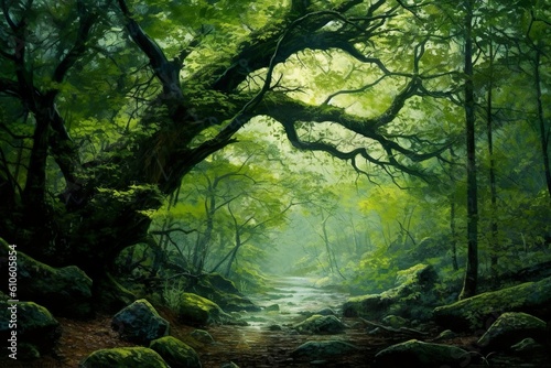 artistic composition showcasing a lush green forest with fallen leaves and tree branches   Generative AI 
