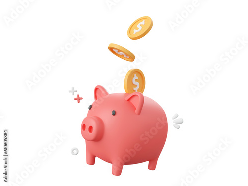 3d cartoon design illustration of Piggy bank with dollar coins, Money savings concept.