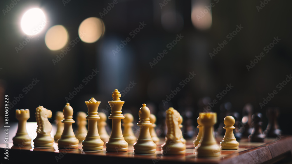 White chess board game in competition play. Concept of business strategy, planning, Success, leadership, victory, challenge. Power move. Teamwork, cooperate and achievement. Winning and defeat.