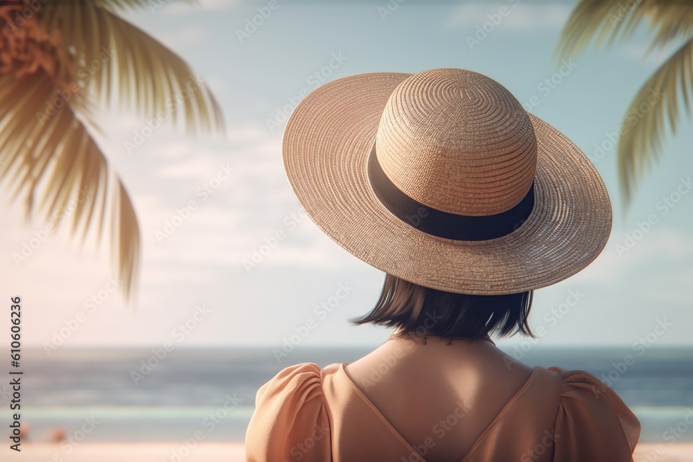 Solitude by the Seashore: Woman with Hat gazing into the Ocean. Generative AI