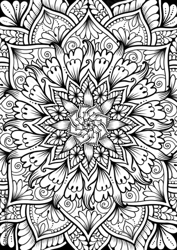 Ornamental mandala adult coloring book full page. Zentangle-style coloring page. Arabic, Indian ornament.