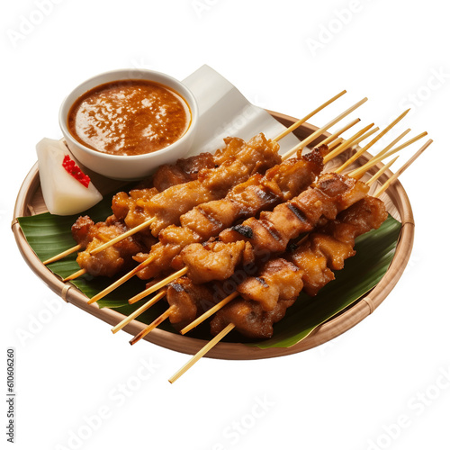 Indonesian chicken satay with delicious peanut sauce on the plate