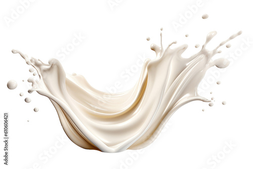 Dynamische Milchwelle mit Spritzern und Tropfen isoliert vor weißem Hintergrund. Generative AI photo