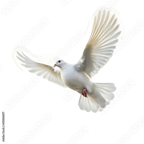 Flying white pigeon bird in action isolated on white background 