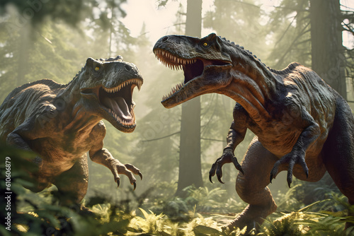 Two tyrannosaurus rex are fighting in pine forest . Created by generative AI . © stockdevil