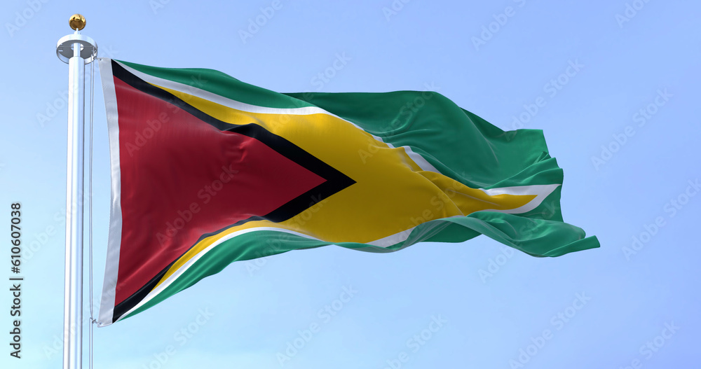 Close-up view of the Guyana national flag waving in the wind Close-up view of the Guyana national flag waving in the wind