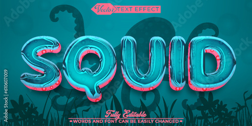 Cartoon Turquoise Sea Squid Vector Editable Text Effect Template