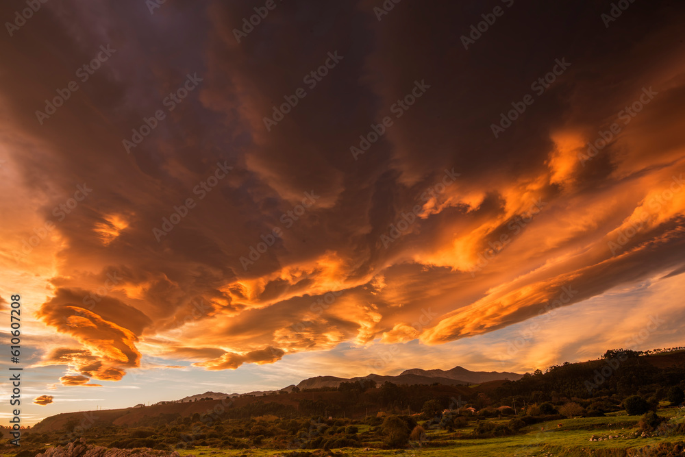 Dramatic sky at sunset in Asturias