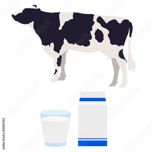 牛・牛乳パック・コップの牛乳のイラスト素材　ベクター