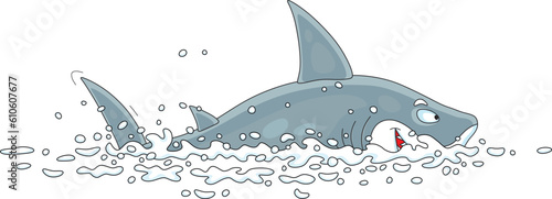 Funny hungry great white shark swimming and hunting in a tropical sea, vector cartoon illustration isolated on a white background