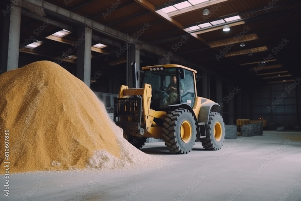 Loader on the background of a huge industrial food warehouse with plastic