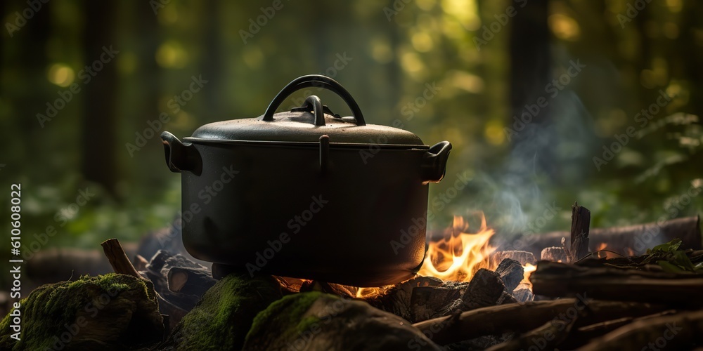 AI Generated. AI Generative. Camping rest food dinnet cook in the green forest. Adventure wild bushcraft explore vibe. Graphic Art AI Generated. AI Generative. Camping rest food dinnet cook in the green forest. Adventure wild bushcraft explore vibe. Graphic Art