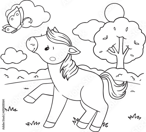 cute little foal with butterfly coloring page