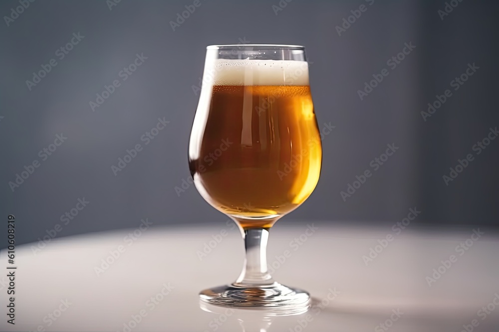 A glass of beer on a light background with selective focus. Generative AI A glass of beer on a light background with selective focus. Generative AI