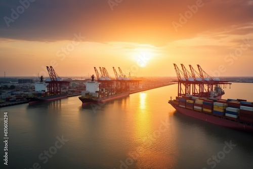 Logistics and transportation of Container Cargo ship and Cargo plane with working crane bridge in shipyard at sunrise