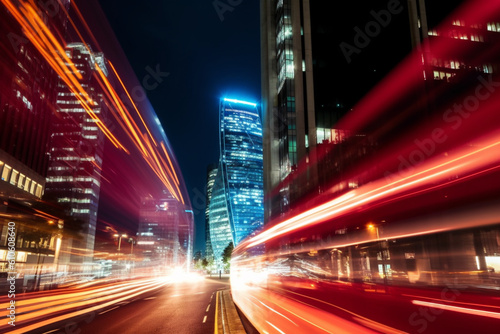 London red buses zooming through City skyscrapers night street motion blur