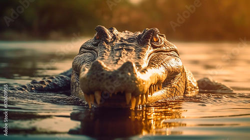 In a murky waters a crocodile lurks, its eyes fixated on its prey. Generative AI