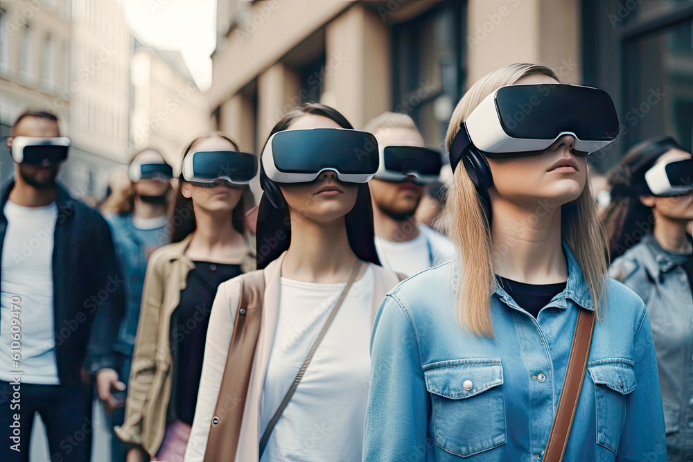People walking with virtual reality glasses on the street. Crowd of citizens making normal life wearing VR headset in the city. Modern technologies and futuristic life concepts. Generative AI. People walking with virtual reality glasses on the street. Crowd of citizens making normal life wearing VR headset in the city. Modern technologies and futuristic life concepts. Generative AI.