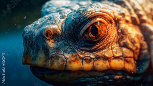 Closeup of a striking turtle, scaly skin and beady eyes. Generative AI © REC Stock Footage