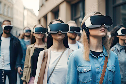 People walking with virtual reality glasses on the street. Crowd of citizens making normal life wearing VR headset in the city. Modern technologies and futuristic life concepts. Generative AI. © Clàudia Ayuso