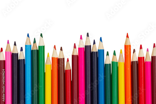 Colored pencil crayons school background isolated on white