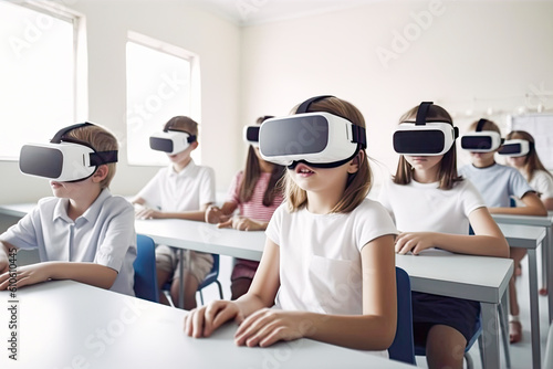 School kids group wearing virtual reality glasses in classroom. .Elementary school age children sitting with VR modern technologies during lesson. Concept of futuristic education. Generative AI.
