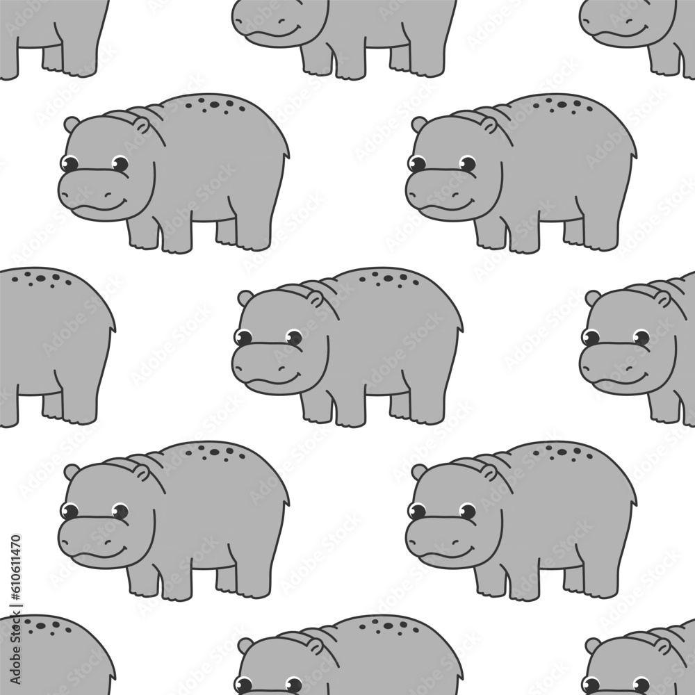 Fototapeta premium Vector seamless pattern with a cute hippo on a white background. Animal character illustration hand drawn.