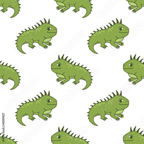 Vector seamless pattern with a cute iguana on a white background. Animal character illustration hand drawn © Baranovska