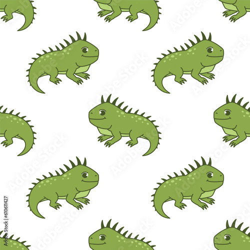 Vector seamless pattern with a cute iguana on a white background. Animal character illustration hand drawn