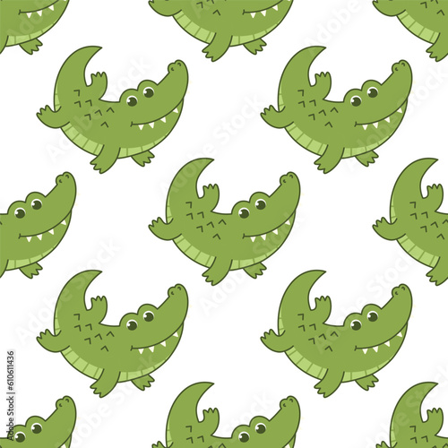 Vector seamless pattern with cute alligator crocodile on a white background. Animal character illustration hand drawn © Baranovska