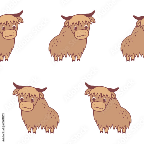 Vector seamless pattern with cute bull yak on a white background. Animal character illustration hand drawn.