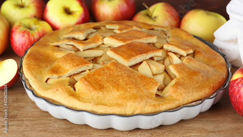 Fresh apple pie on counter - generative ai