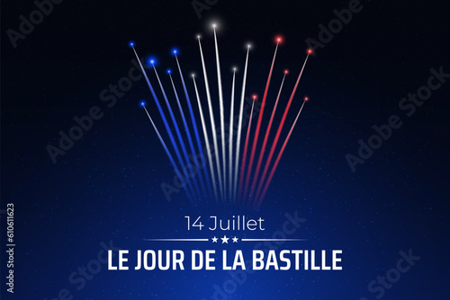 Banner 14 july bastille day in france, template with french colorful fireworks on dark sky background. Fireworks france flag. French national holiday. Vector. Translation: July 14 Bastille Day