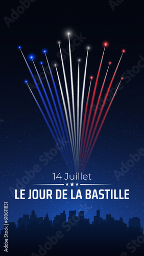 Banner 14 july bastille day in france, template with french colorful fireworks on dark sky background. Fireworks france flag. French national holiday. Vector. Translation: July 14 Bastille Day