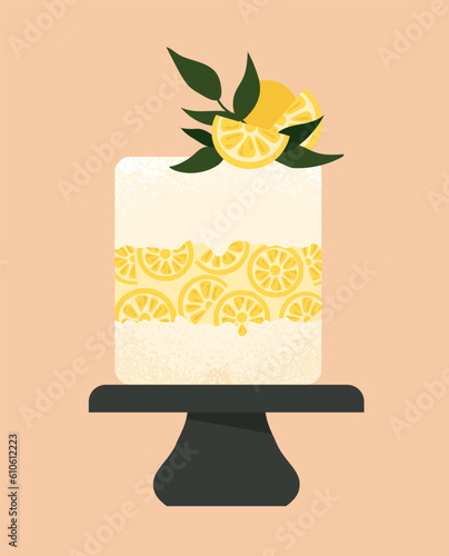 Cute white cake on plate concept. Cafe or restaurant menu. Dessert and delicacy, sweet and tasty food. Poster or banner. Cartoon flat vector illustration isolated on beige background