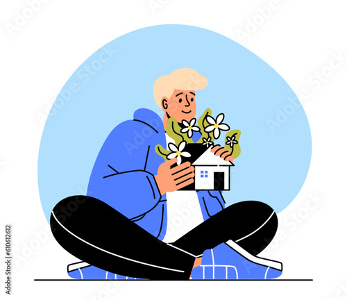 Man with small house in hands. Young guy sits in lotus position with real estate and private property. Investor and realtor, buyer. Cartoon flat vector illustration isolated on white background