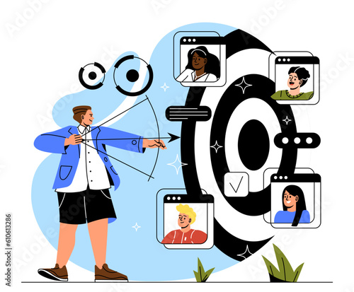 Targeting marketing specialist concept. Man with bow and arrow aims at target with photographs of potential clients. Promotion of goods on social media, advertising. Cartoon flat vector illustration