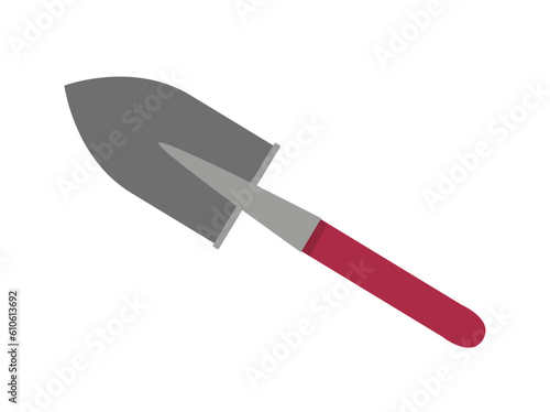 Red small shovel concept. Inventory for gardening. Agriculture and farming. Sticker for social networks and messengers. Cartoon flat vector iullustration isolated on white background